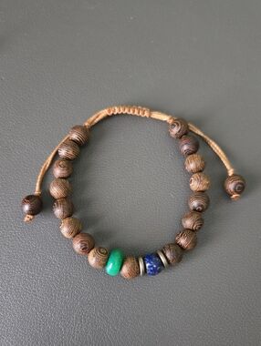Handmade Brown Wood Bead Bracelet with Green and Blue Accent Beads